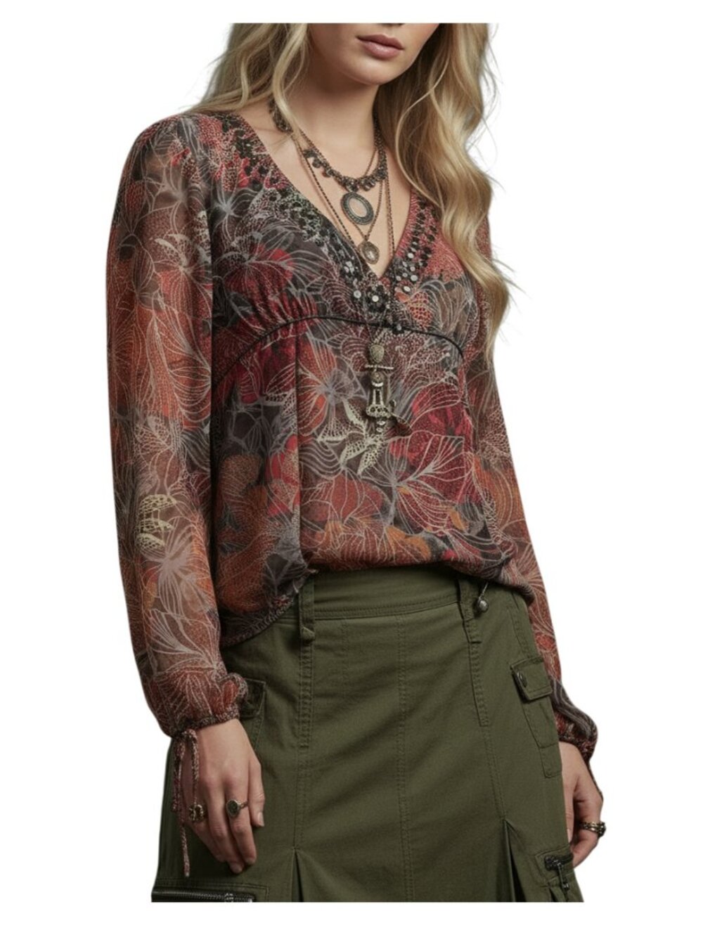 Mexx Sequin Accent V-neck Earthy Floral Sheer Blouse